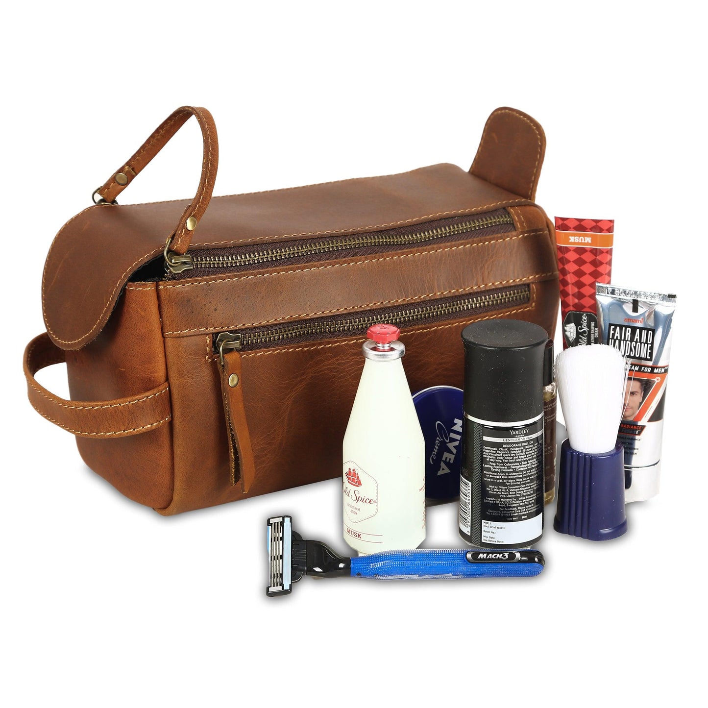 Genuine Buffalo Leather Travel Toiletry Bag –  Compartments for Men & Women