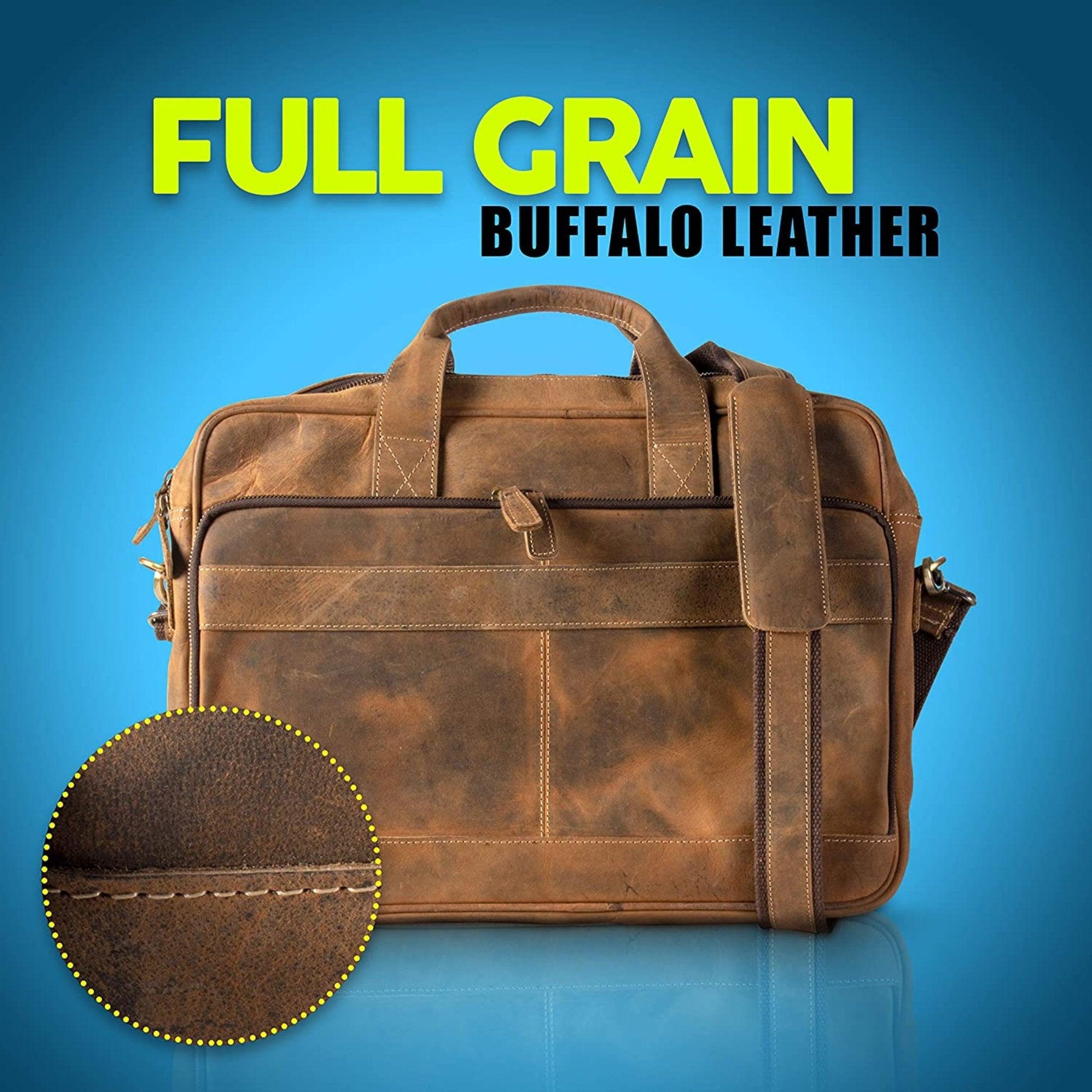16-Inch Leather Briefcase – Distressed Tan Laptop Messenger Bag for Men & Women, perfect for office, school, and college use with a classic satchel design.