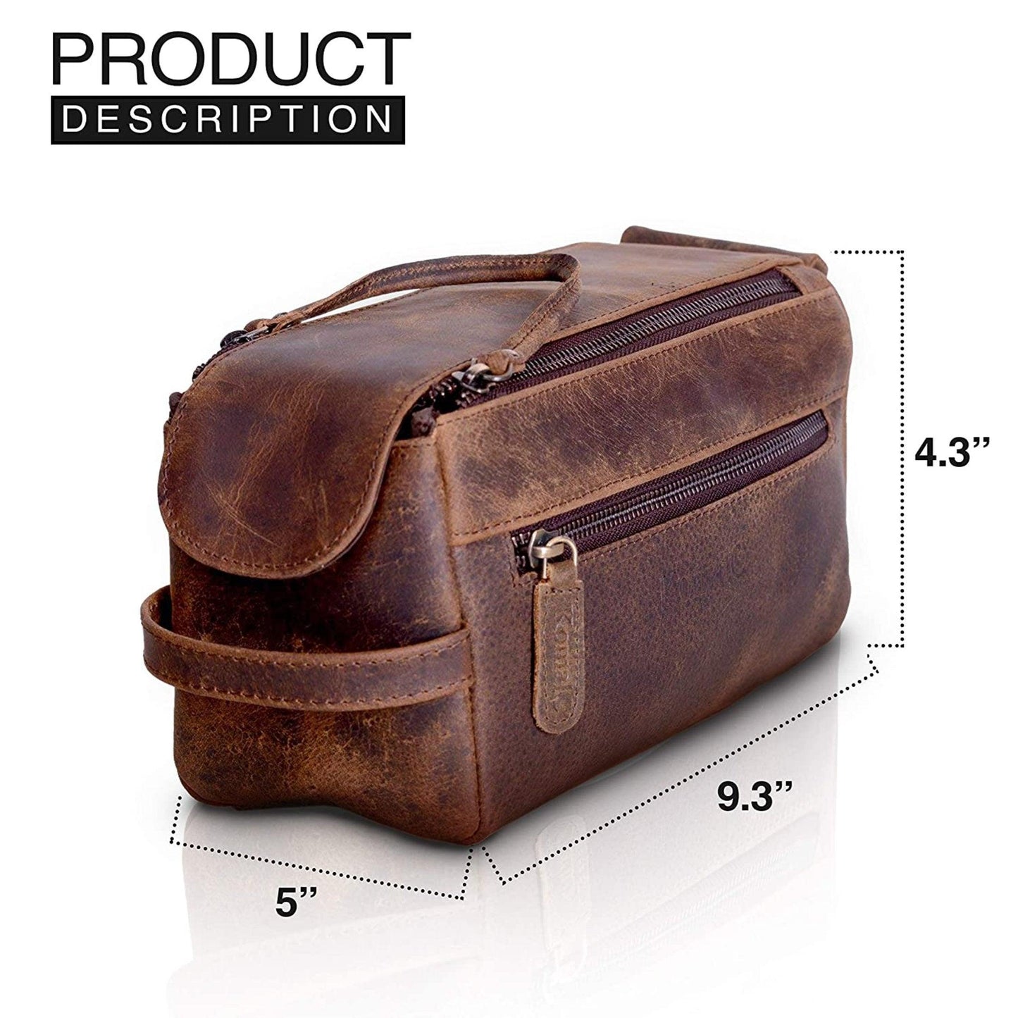 Genuine Buffalo Leather Travel Toiletry Bag –  Compartments for Men & Women