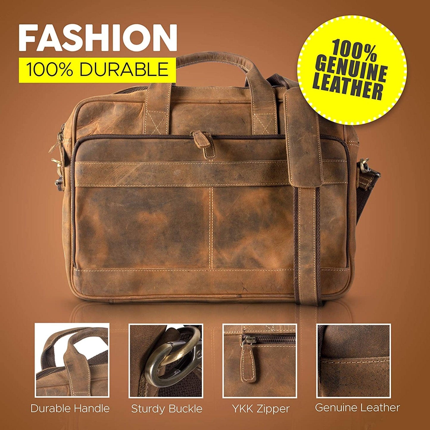 16-Inch Leather Briefcase – Distressed Tan Laptop Messenger Bag for Men & Women, perfect for office, school, and college use with a classic satchel design.