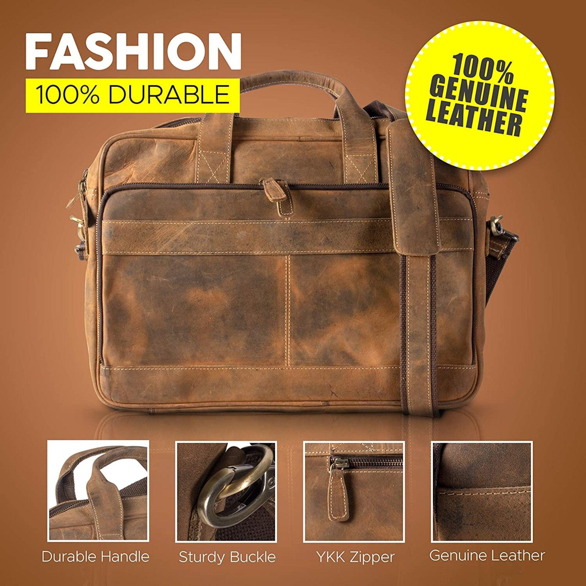 16-Inch Leather Briefcase – Distressed Tan Laptop Messenger Bag for Men & Women, perfect for office, school, and college use with a classic satchel design.