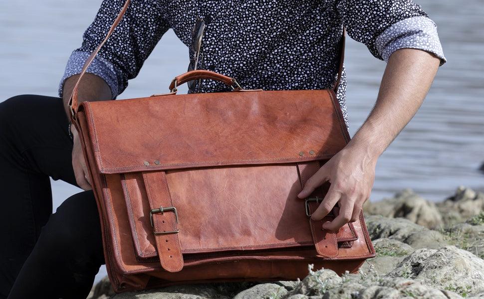 18" Vintage Handmade Leather Messenger Bag – Laptop Briefcase & Satchel