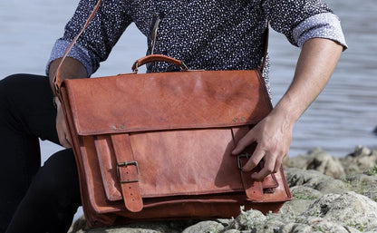 18" Vintage Handmade Leather Messenger Bag – Laptop Briefcase & Satchel