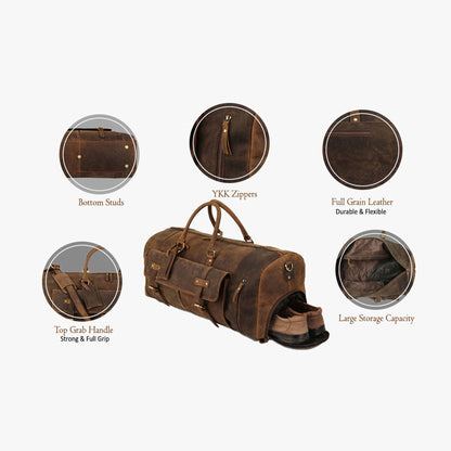 Leather 24-Inch Duffel Bag with Shoe Compartment – Durable and stylish travel, sports, and overnight bag, available at The Snazzy Accountant